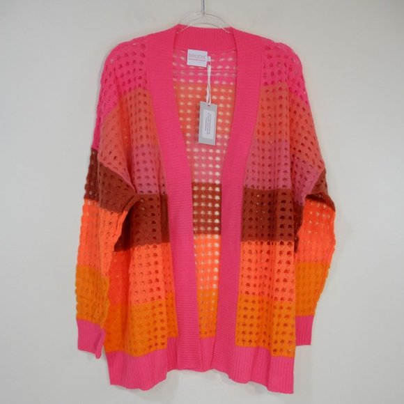 BRODIE CASHMERE Sunset Pointelle Knit Stripe CARDIGAN M L Neon Pink NEW $398 - Picture 4 of 11